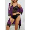 imageLYANER Womens 4pcs Sleepwear Satin Floral Lace Trim Cami Pajama Set with RobeDeep Purple