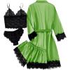 imageLYANER Womens 4pcs Sleepwear Satin Floral Lace Trim Cami Pajama Set with RobeGreen