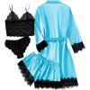 imageLYANER Womens 4pcs Sleepwear Satin Floral Lace Trim Cami Pajama Set with RobeLight Blue