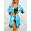 imageLYANER Womens 4pcs Sleepwear Satin Floral Lace Trim Cami Pajama Set with RobeLight Blue