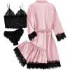 imageLYANER Womens 4pcs Sleepwear Satin Floral Lace Trim Cami Pajama Set with RobeLight Pink