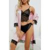 imageLYANER Womens 4pcs Sleepwear Satin Floral Lace Trim Cami Pajama Set with RobeLight Pink