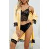 imageLYANER Womens 4pcs Sleepwear Satin Floral Lace Trim Cami Pajama Set with RobeLight Yellow