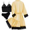 imageLYANER Womens 4pcs Sleepwear Satin Floral Lace Trim Cami Pajama Set with RobeLight Yellow