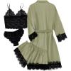 imageLYANER Womens 4pcs Sleepwear Satin Floral Lace Trim Cami Pajama Set with RobePea Green