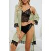 imageLYANER Womens 4pcs Sleepwear Satin Floral Lace Trim Cami Pajama Set with RobePea Green