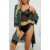 imageLYANER Womens 4pcs Sleepwear Satin Floral Lace Trim Cami Pajama Set with RobePlain Deep Green