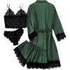 imageLYANER Womens 4pcs Sleepwear Satin Floral Lace Trim Cami Pajama Set with RobePlain Deep Green