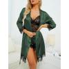 imageLYANER Womens 4pcs Sleepwear Satin Floral Lace Trim Cami Pajama Set with RobePlain Deep Green
