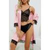 imageLYANER Womens 4pcs Sleepwear Satin Floral Lace Trim Cami Pajama Set with RobePure Pink