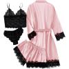 imageLYANER Womens 4pcs Sleepwear Satin Floral Lace Trim Cami Pajama Set with RobePure Pink