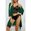 imageLYANER Womens 4pcs Sleepwear Satin Floral Lace Trim Cami Pajama Set with RobeSolid Dark Green