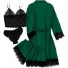 imageLYANER Womens 4pcs Sleepwear Satin Floral Lace Trim Cami Pajama Set with RobeSolid Dark Green