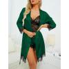 imageLYANER Womens 4pcs Sleepwear Satin Floral Lace Trim Cami Pajama Set with RobeSolid Dark Green