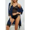 imageLYANER Womens 4pcs Sleepwear Satin Floral Lace Trim Cami Pajama Set with RobeSolid Navy Blue