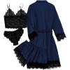 imageLYANER Womens 4pcs Sleepwear Satin Floral Lace Trim Cami Pajama Set with RobeSolid Navy Blue