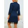 imageLYANER Womens 4pcs Sleepwear Satin Floral Lace Trim Cami Pajama Set with RobeSolid Navy Blue