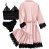 imageLYANER Womens 4pcs Sleepwear Satin Floral Lace Trim Cami Pajama Set with RobeSolid Pink