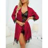 imageLYANER Womens 4pcs Sleepwear Satin Floral Lace Trim Cami Pajama Set with RobeSolid Red
