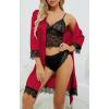 imageLYANER Womens 4pcs Sleepwear Satin Floral Lace Trim Cami Pajama Set with RobeSolid Red