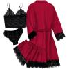 imageLYANER Womens 4pcs Sleepwear Satin Floral Lace Trim Cami Pajama Set with RobeSolid Red