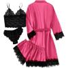 imageLYANER Womens 4pcs Sleepwear Satin Floral Lace Trim Cami Pajama Set with RobeSolid Rose