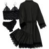 imageLYANER Womens 4pcs Sleepwear Satin Floral Lace Trim Cami Pajama Set with RobeTrue Black
