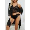 imageLYANER Womens 4pcs Sleepwear Satin Floral Lace Trim Cami Pajama Set with RobeTrue Black