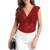 imageLYANER Womens Floral Lace Scallop V Neck Sleeveless Sheer Sexy Tank Top BlouseWine Red