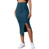 imageLYANER Womens High Waist Stretchy Rib Knit Split Slit Hem Midi Pencil SkirtTeal2