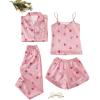imageLYANER Womens Pajamas Set 4 pcs Satin Silk Cami Top Button Down Loungewear Pjs SetStrawberry Pink
