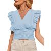 imageLYANER Womens Wrap V Neck Ruffle Cap Sleeve Crop Top Shirred Hem Sleeveless Blouse Tank TopAzure