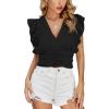 imageLYANER Womens Wrap V Neck Ruffle Cap Sleeve Crop Top Shirred Hem Sleeveless Blouse Tank TopBlack