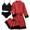 imageLYANER Womens 4pcs Sleepwear Satin Floral Lace Trim Cami Pajama Set with RobeBright Red