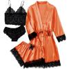imageLYANER Womens 4pcs Sleepwear Satin Floral Lace Trim Cami Pajama Set with RobeOrange