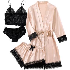 imageLYANER Womens 4pcs Sleepwear Satin Floral Lace Trim Cami Pajama Set with RobeBeige