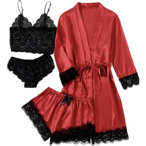 imageLYANER Womens 4pcs Sleepwear Satin Floral Lace Trim Cami Pajama Set with RobeBright Red