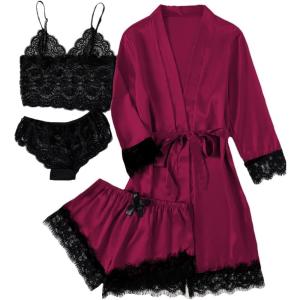 imageLYANER Womens 4pcs Sleepwear Satin Floral Lace Trim Cami Pajama Set with RobeBurgundy