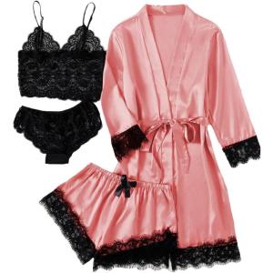 imageLYANER Womens 4pcs Sleepwear Satin Floral Lace Trim Cami Pajama Set with RobeCoral Pink