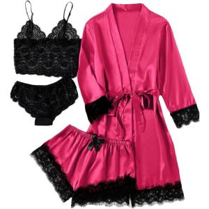 imageLYANER Womens 4pcs Sleepwear Satin Floral Lace Trim Cami Pajama Set with RobeDark Rose