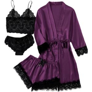imageLYANER Womens 4pcs Sleepwear Satin Floral Lace Trim Cami Pajama Set with RobeDeep Purple
