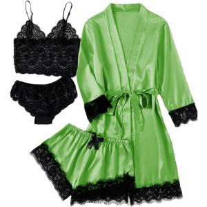 imageLYANER Womens 4pcs Sleepwear Satin Floral Lace Trim Cami Pajama Set with RobeGreen
