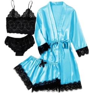imageLYANER Womens 4pcs Sleepwear Satin Floral Lace Trim Cami Pajama Set with RobeLight Blue