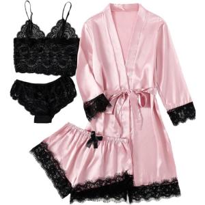 imageLYANER Womens 4pcs Sleepwear Satin Floral Lace Trim Cami Pajama Set with RobeLight Pink