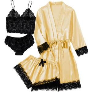 imageLYANER Womens 4pcs Sleepwear Satin Floral Lace Trim Cami Pajama Set with RobeLight Yellow