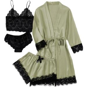imageLYANER Womens 4pcs Sleepwear Satin Floral Lace Trim Cami Pajama Set with RobePea Green