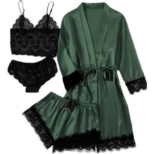imageLYANER Womens 4pcs Sleepwear Satin Floral Lace Trim Cami Pajama Set with RobePlain Deep Green