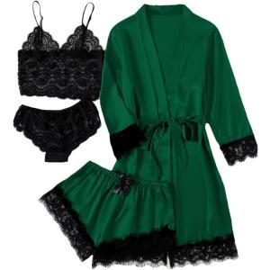 imageLYANER Womens 4pcs Sleepwear Satin Floral Lace Trim Cami Pajama Set with RobeSolid Dark Green