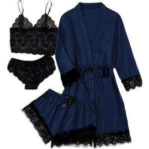 imageLYANER Womens 4pcs Sleepwear Satin Floral Lace Trim Cami Pajama Set with RobeSolid Navy Blue