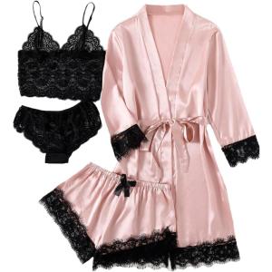 imageLYANER Womens 4pcs Sleepwear Satin Floral Lace Trim Cami Pajama Set with RobeSolid Pink